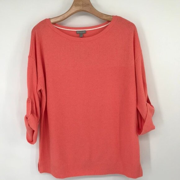 T By Talbots Coral Sweater 3/4 roll tab Sleeve  Womens size large cotton new - Picture 2 of 10